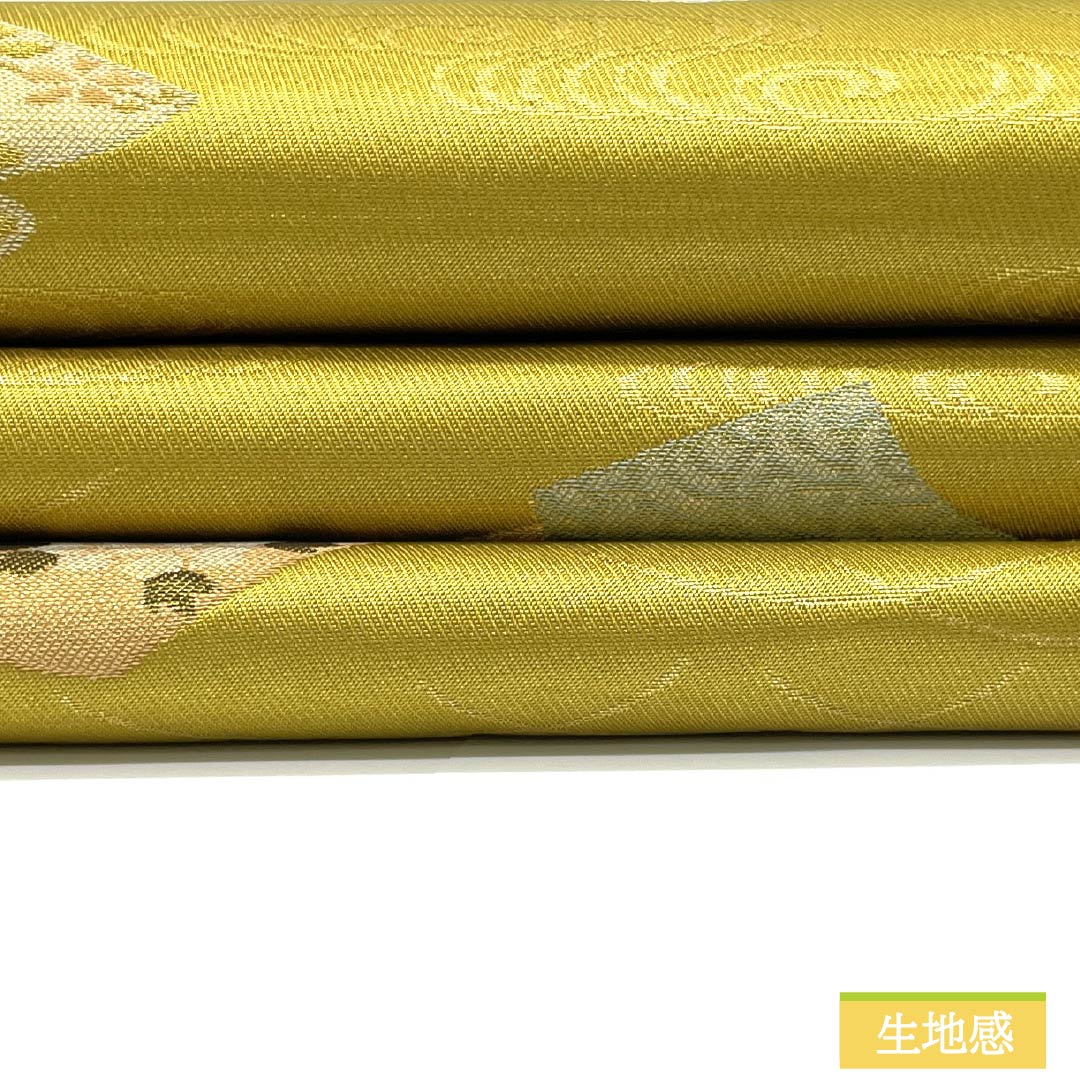 名古屋帯 正絹 Sランク 金色(かないろ) 和本柄 観世流水 笹 帯丈345cm 六通 セミフォーマル 金系 1124009612321 名古屋仕立て