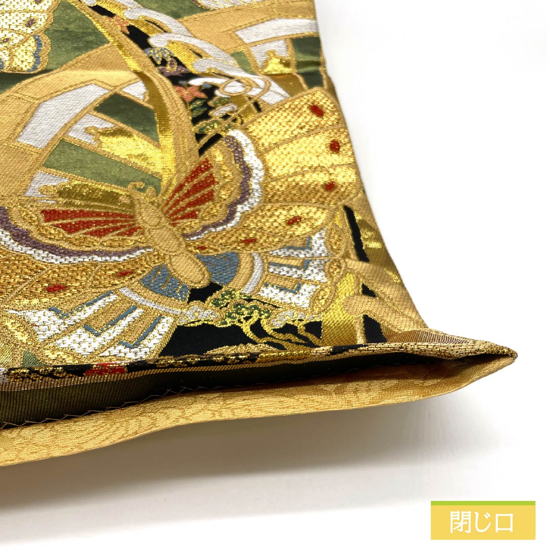 袋帯 正絹 織部色(おりべいろ) 振袖用 蝶 松竹梅 桜 帯丈428cm Sランク 六通 フォーマル 緑系 1123013392319