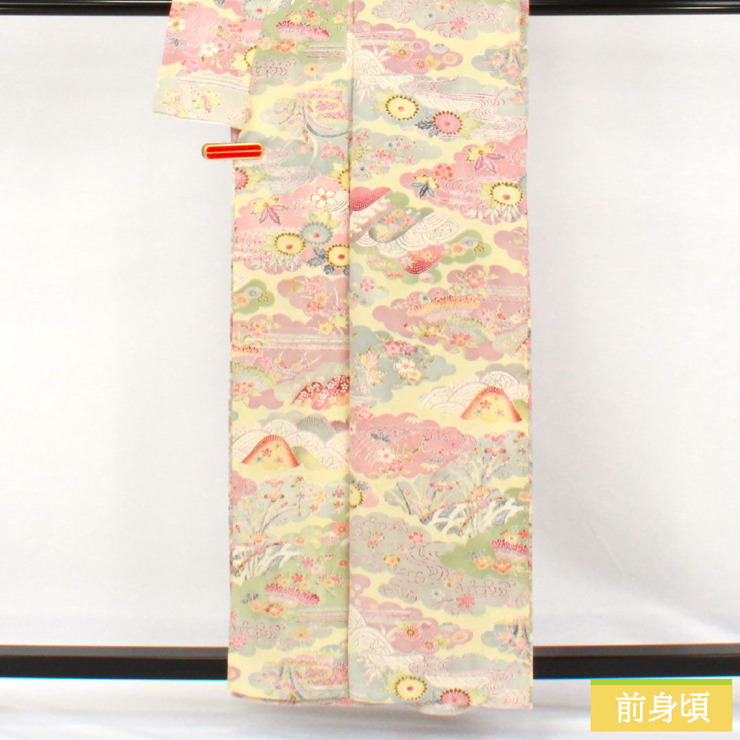 Komon silk, A-rank, length 156cm, sleeve length 58cm, single layer, pale yellow (usukihadairo), Kyoto Bingata, Chaya-Tsuji, cloud pattern, auspicious motif, cream-colored, product number 1115007593315