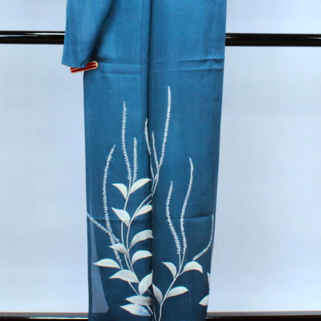 夏物 正絹 訪問着 身丈154.5cm 裄丈63.5cm 中縹色(なかのはなだいろ) 葉模様 しつけ付き 未使用品 絽 Aランク 青系 1132000353217