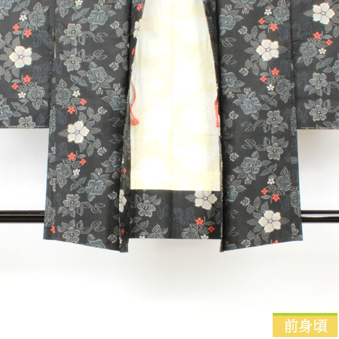 羽織 正絹 身丈83cm 裄丈65.5cm 村山大島 草花模様 しつけ糸付き 未使用品 Sランク 袷 黒系 1117001142910