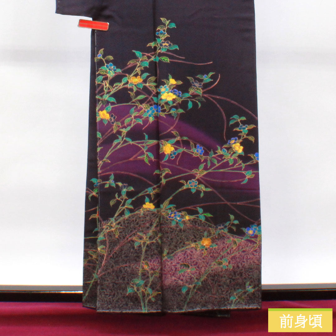 Homongi, pure silk, lined, length 158.5cm, sleeve length 65.5cm, brown, floral pattern, basting thread included, unused, S rank, purple, 1112003552320