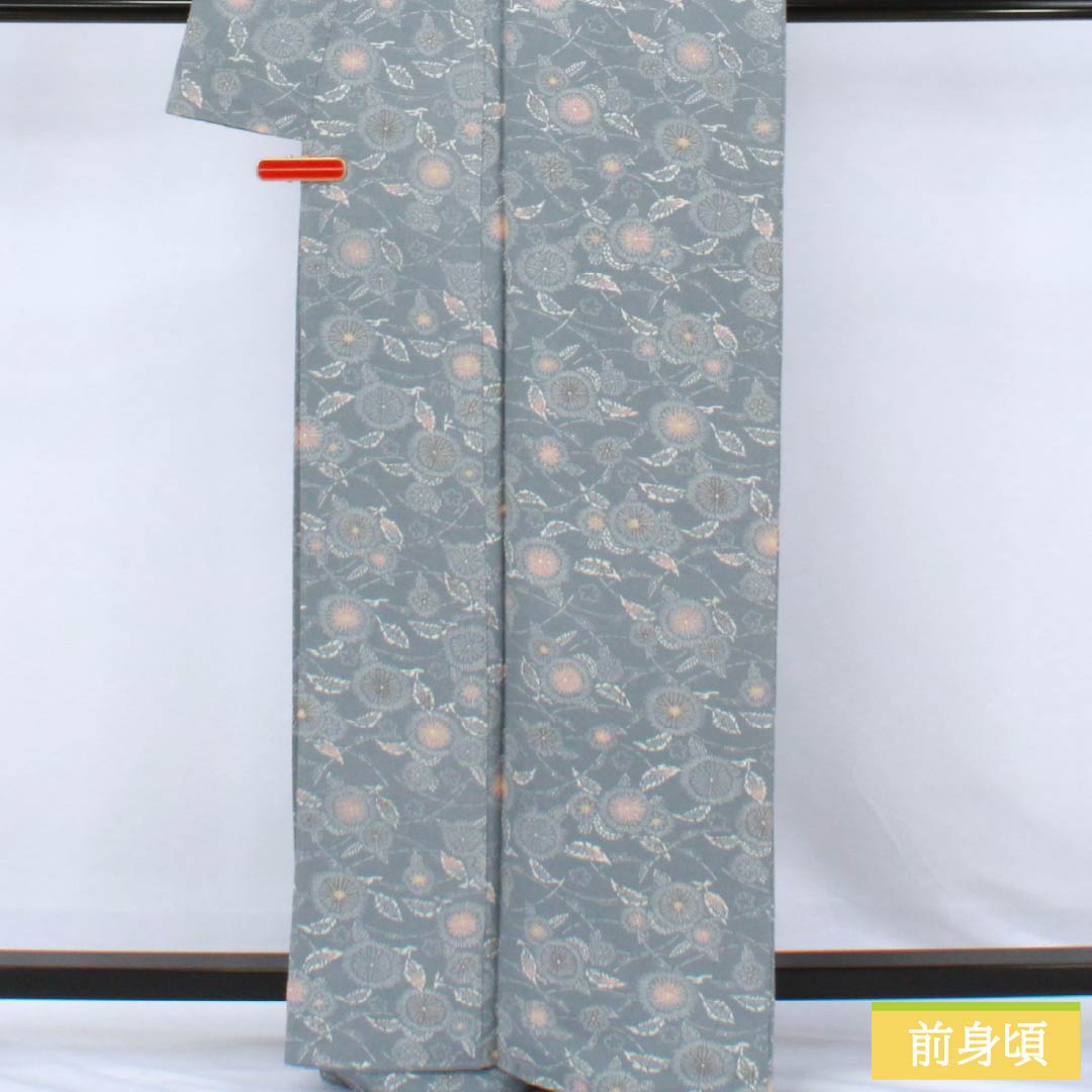 小紋 正絹 Sランク 身丈165cm 裄丈66cm 袷 湊鼠色(みなとねずいろ) 型染 ちりめん地 草木模様 青系 1115007382517