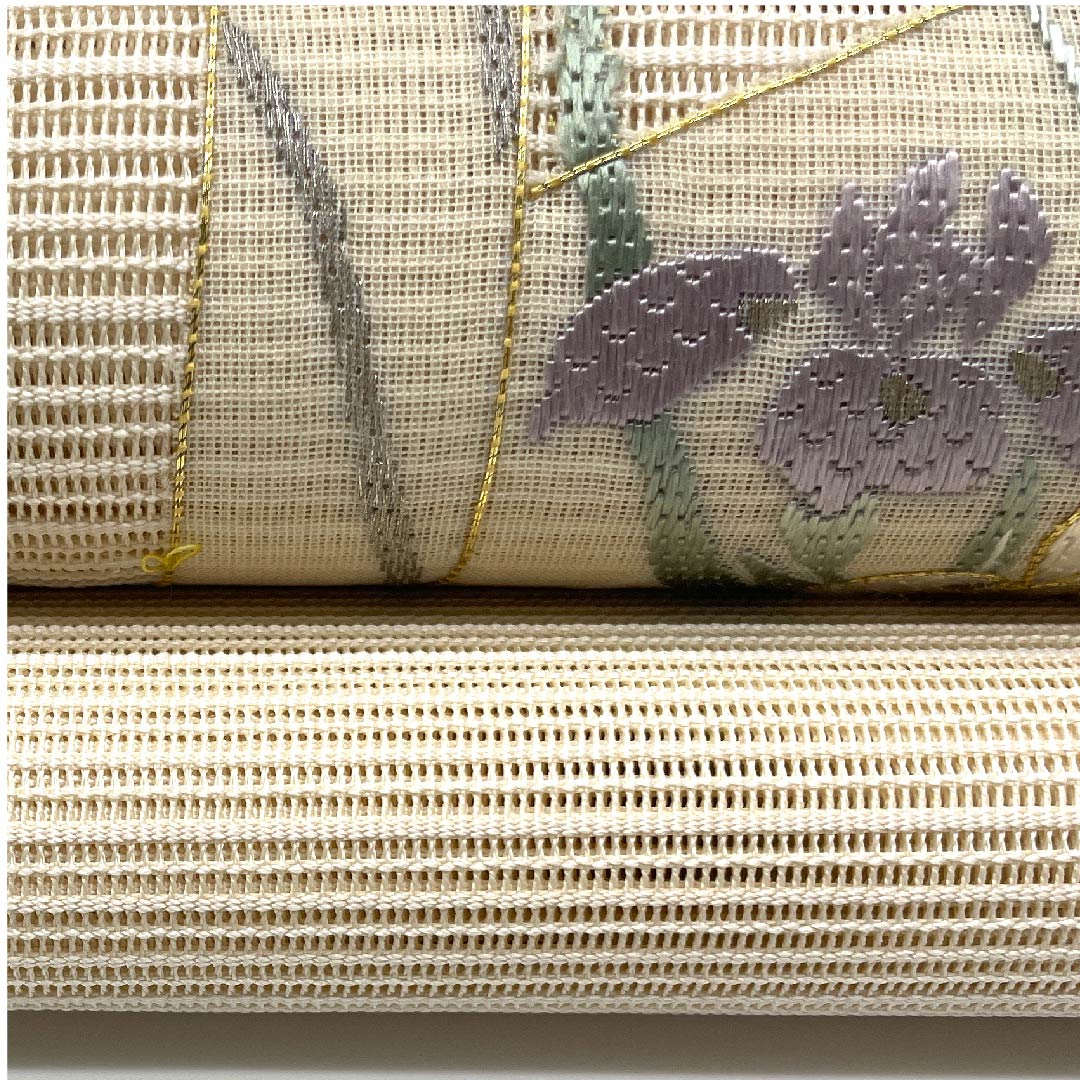 名古屋帯 生成り色 夏帯 絽 菖蒲 コスモス 流水 帯丈366cm 正絹 Sランク ポイント柄 フォーマル クリーム系 1124004472315 開き仕立て