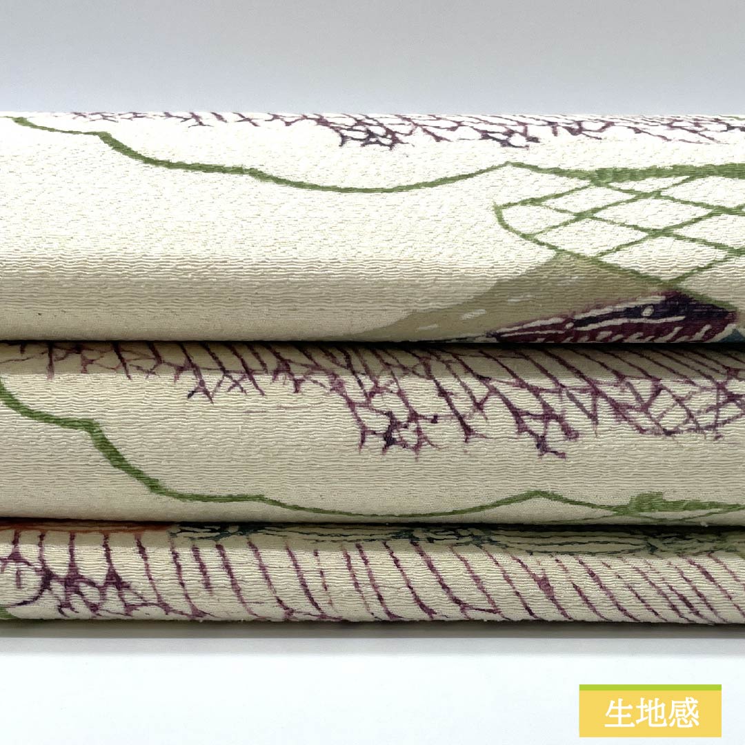 名古屋帯 生成り色(きなりいろ) 型染 紬地 風景模様 帯丈363cm 正絹 Sランク 全通 カジュアル クリーム系 1124007892315 名古屋仕立て