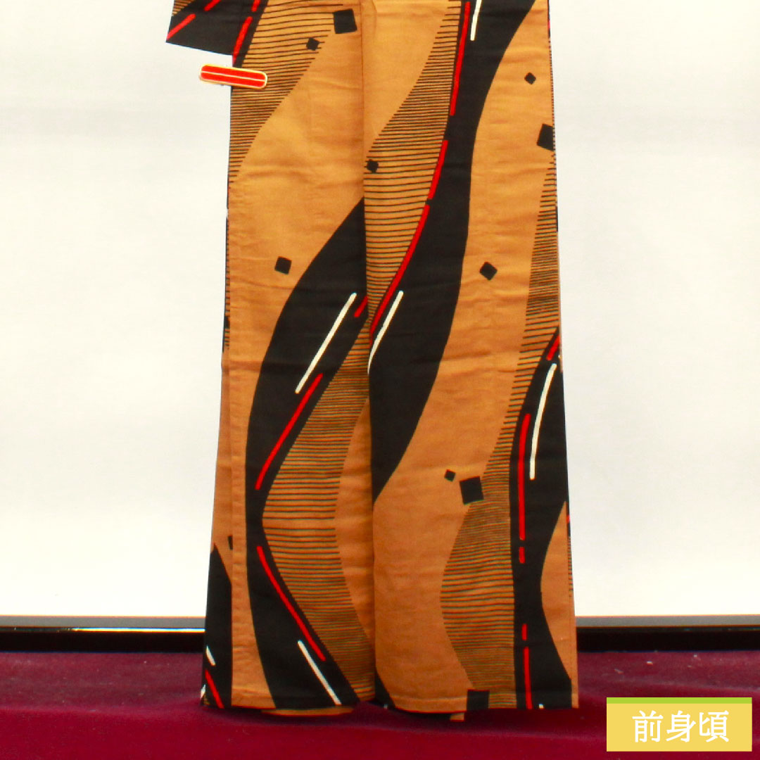 浴衣 木綿 身丈163.5cm 裄丈62.5cm Aランク 単衣 茶系 狐色(きつねいろ) 幾何学模様 1118004843414
