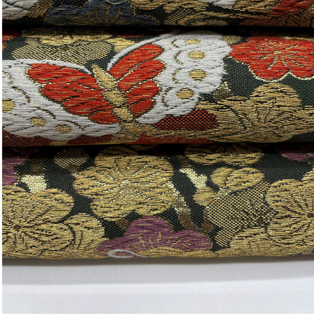 袋帯 革色(かわいろ) 振袖用 蝶 桜 帯丈438cm 正絹 Aランク 六通 フォーマル 緑系 1123005003319