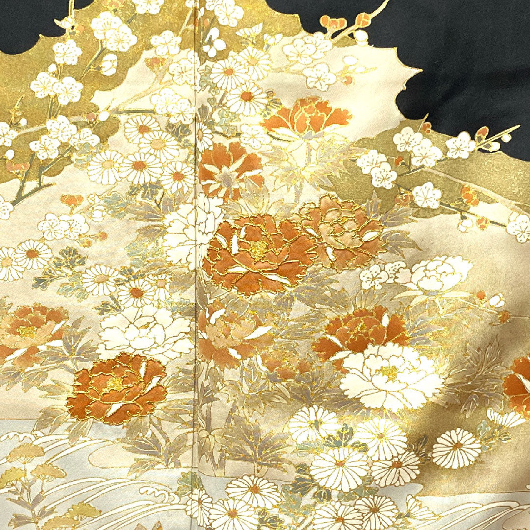 黒留袖 身丈166cm 裄丈66.5cm 袷 京友禅 草花模様 片喰 正絹 Aランク 五つ紋 黒系 1111000743510