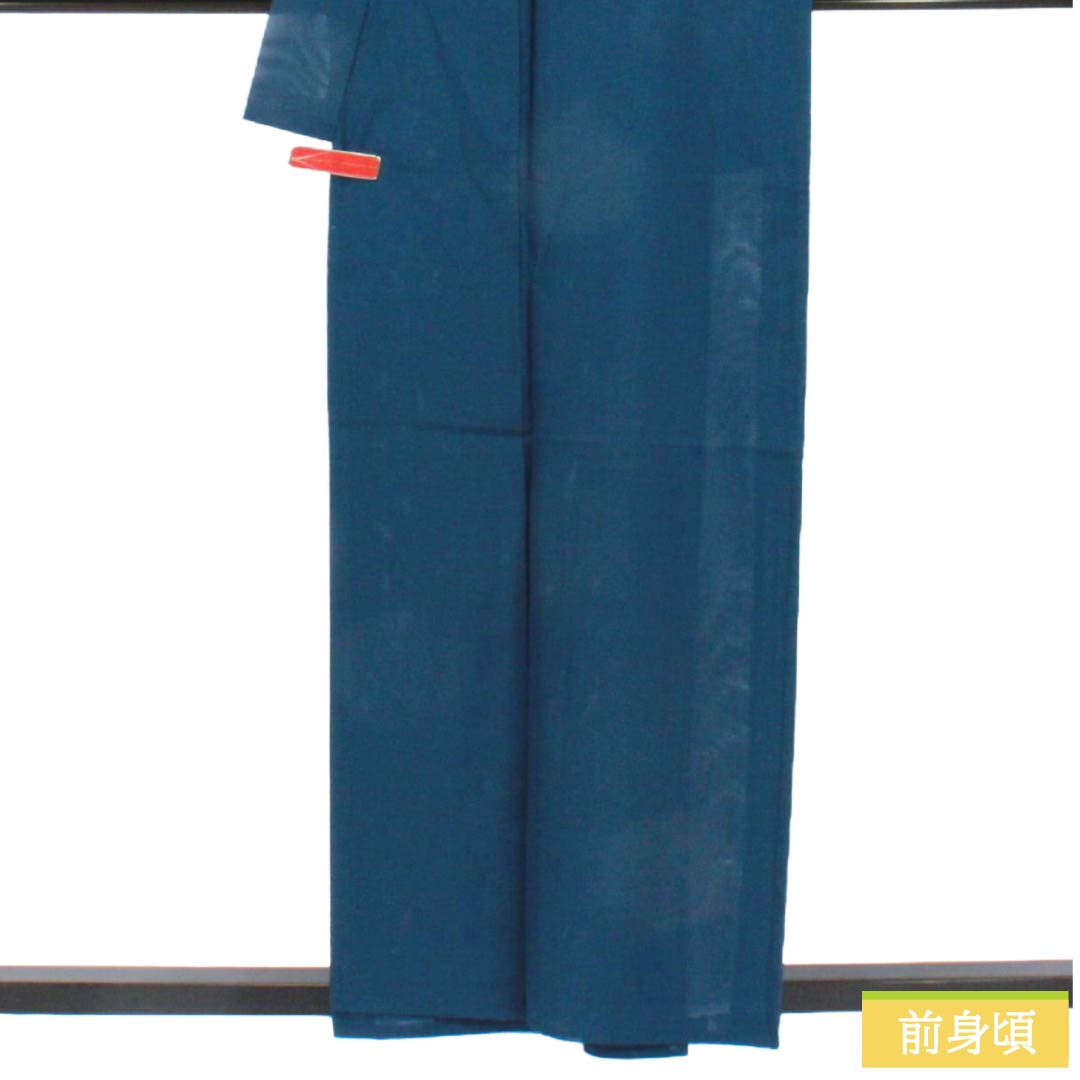 夏物 ポリエステル 色無地 Aランク 身丈158cm 裄丈64.5cm 伯林青色(べれんすいろ) 洗える着物 素無地 一つ紋 絽 紺系 1132006173318