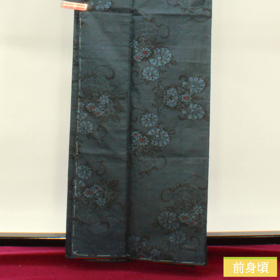 紬 正絹 身丈162.5cm 裄丈64cm 花模様 Aランク 袷 紺系 1116003303418