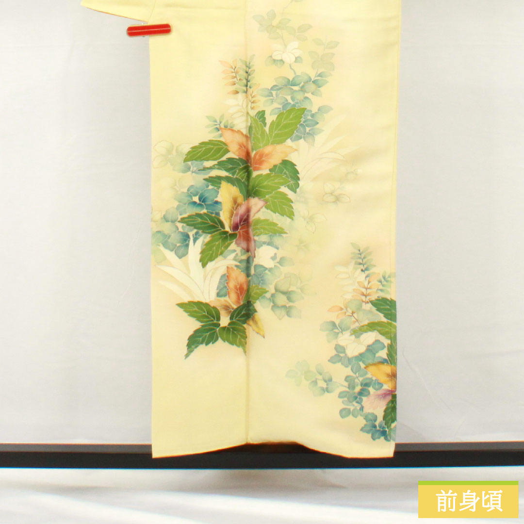 訪問着 正絹 袷 身丈156.5cm 裄丈63cm 淡黄色(たんこうしょく) 京友禅 草花模様 Aランク 黄系 1112005393323