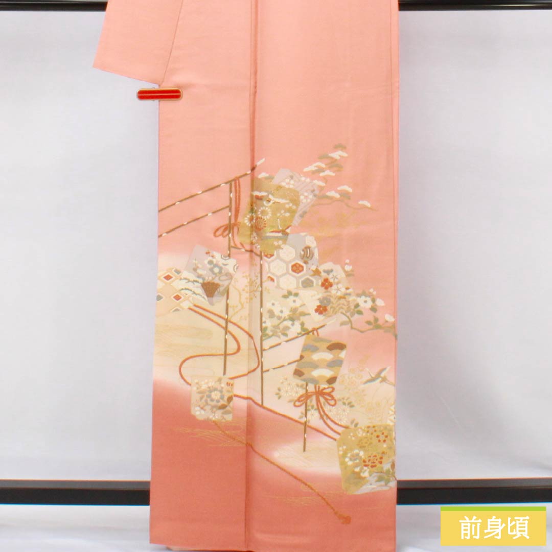 Visiting Kimono, Pure Silk, S Rank, Lined, Length 163.5cm, Sleeve Length 64cm, Tokiiro (Pink), Kyo-Yuzen, Classic Pattern, Shikishi (Colored Paper), Product Number: 1112006632413