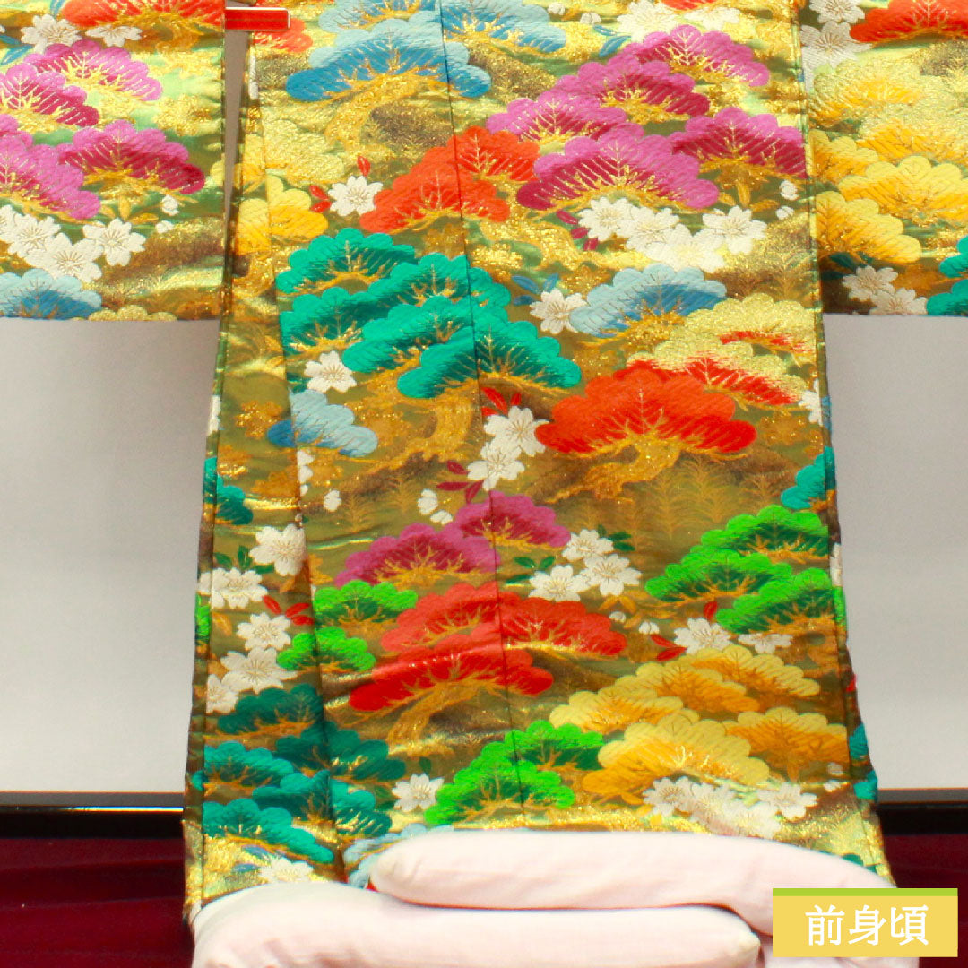 色打掛 正絹 身丈194cm 裄丈66cm 唐織 松 鶴 Sランク 袷 緑系 1110000702919