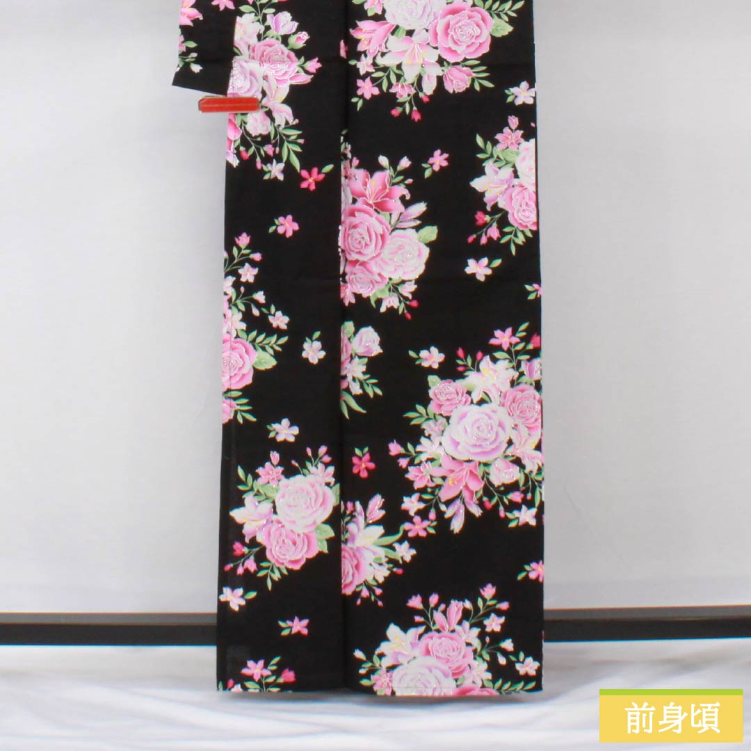 浴衣 木綿 身丈163cm 裄丈64.5cm Sランク 単衣 黒系 薔薇 ラメ 1118006062410