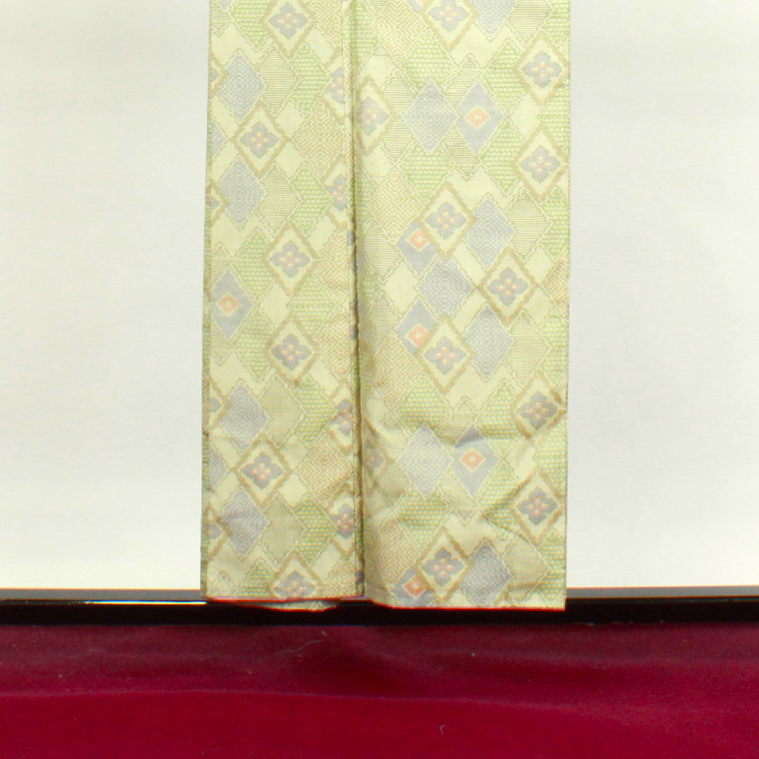 大島紬 身丈153.5cm 裄丈62.5cm 利休白茶色 経緯絣 菱 正絹 Sランク 袷 緑系 1116002662219