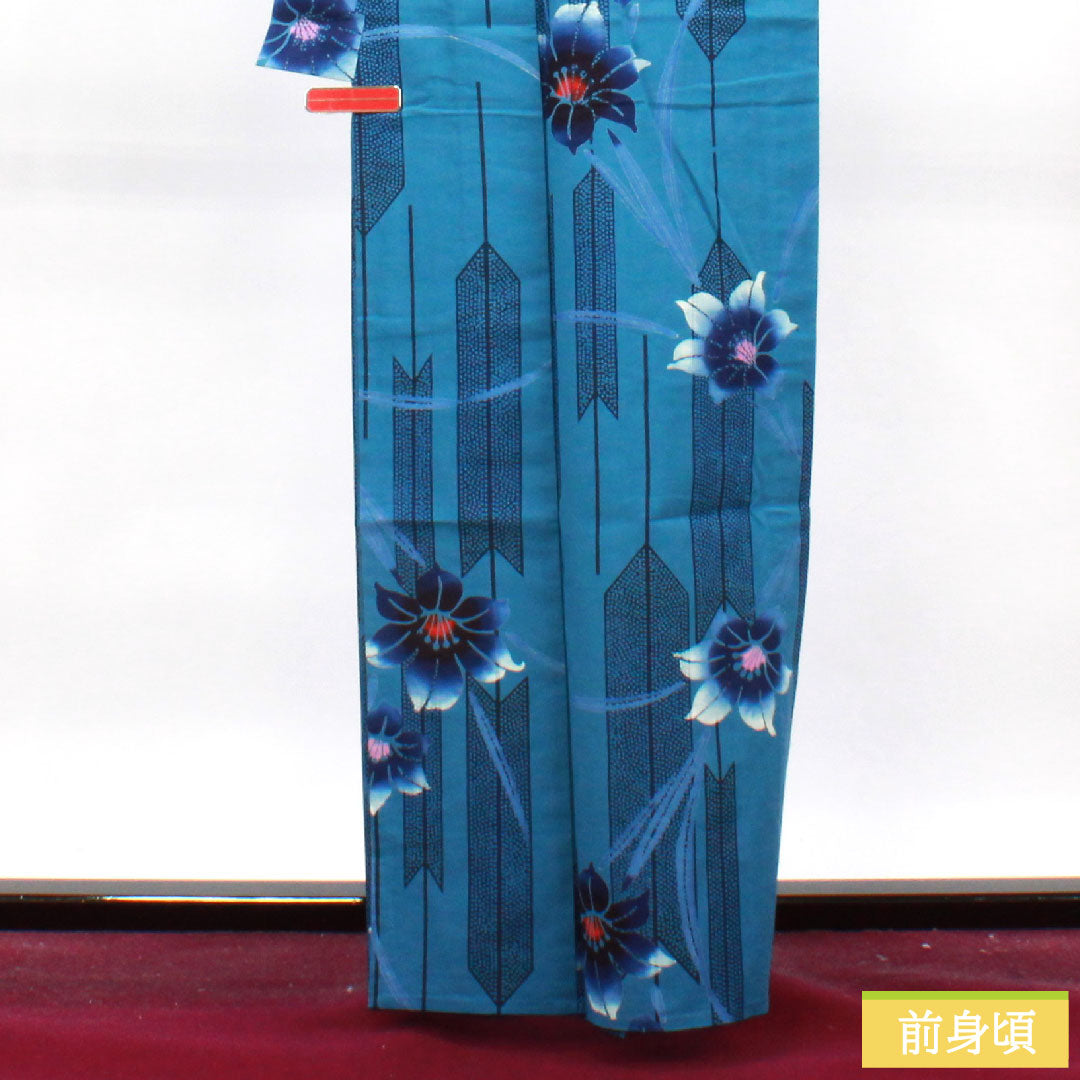 Yukata Cotton Length 162.5cm Sleeve length 65.5cm S rank Single layer Blue Mashana color Arrow feather Abstract flower 1118004822417