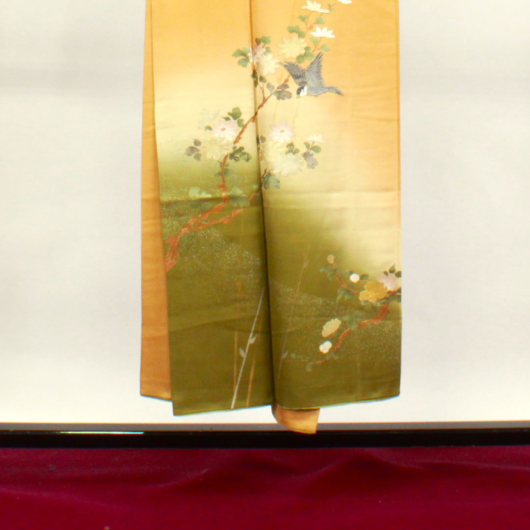 Homongi, pure silk, lined, length 147cm, sleeve length 63cm, light tangerine color, gold leaf finish, floral pattern, S rank, yellow, 1112003092123