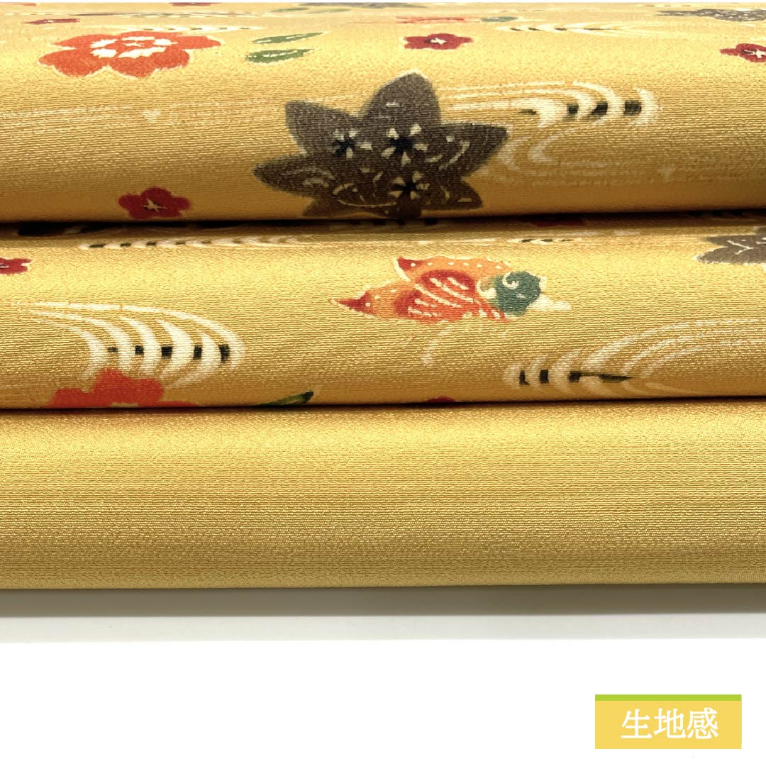 名古屋帯 土布色(トウプースーいろ) 京紅型 蝶 紅葉 帯丈352cm 正絹 Aランク 六通 カジュアル 黄系 1124006563323 名古屋仕立て