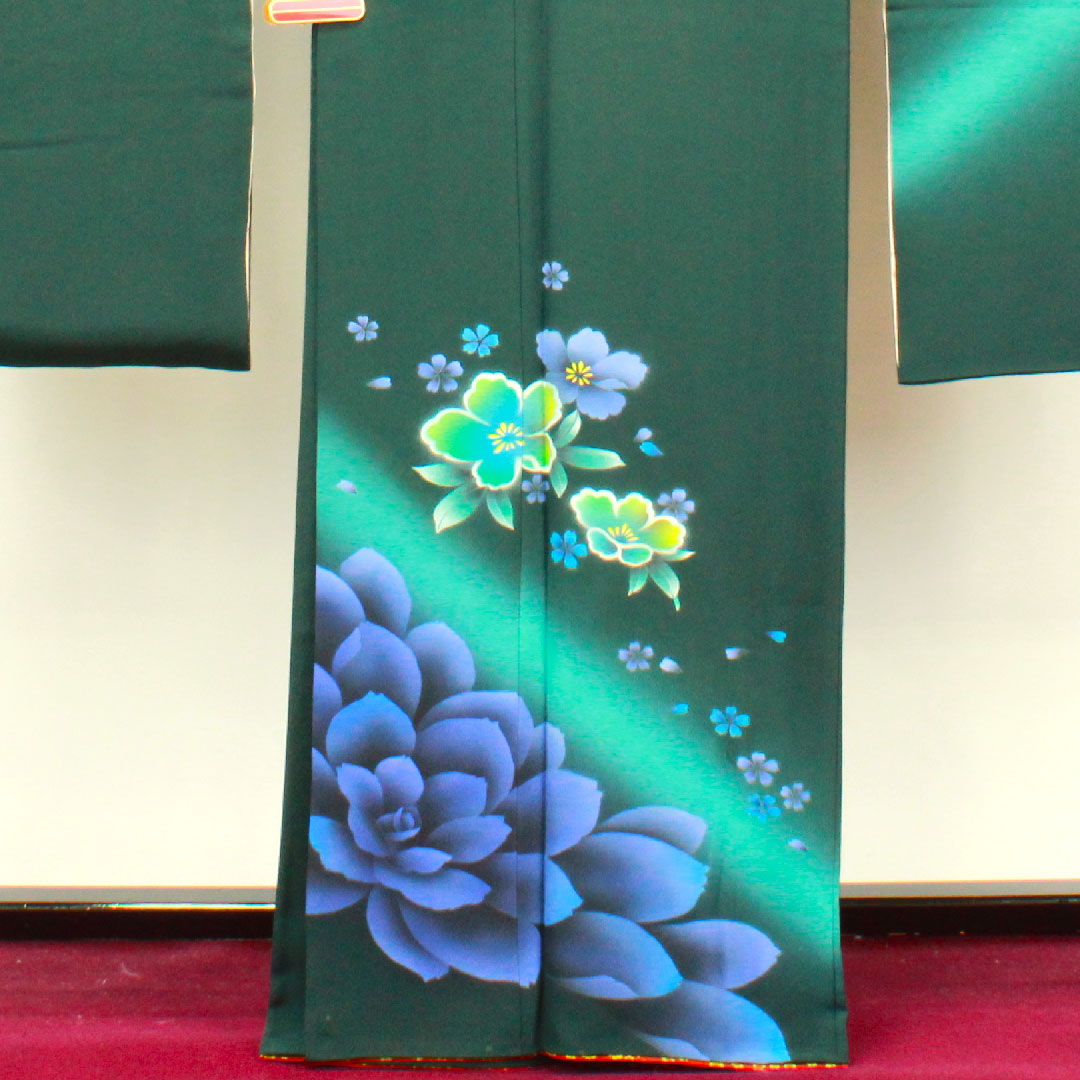 振袖 身丈165cm 裄丈70cm 袷 鉄色 京友禅 花模様 正絹 Aランク 緑系 1113001563519