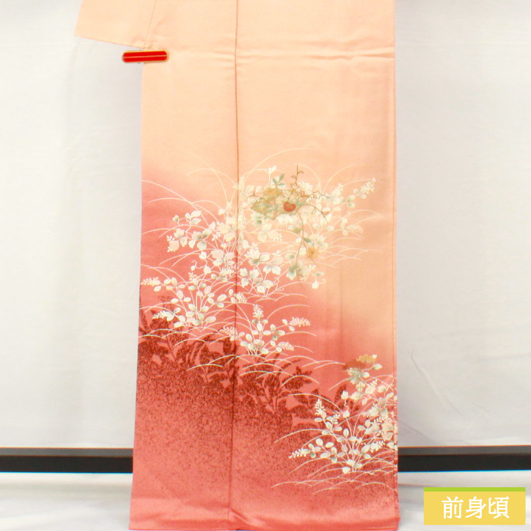 訪問着 正絹 袷 身丈165.5cm 裄丈66.5cm 京友禅 萩 松 部分刺繍 Aランク ピンク系 1112005363513