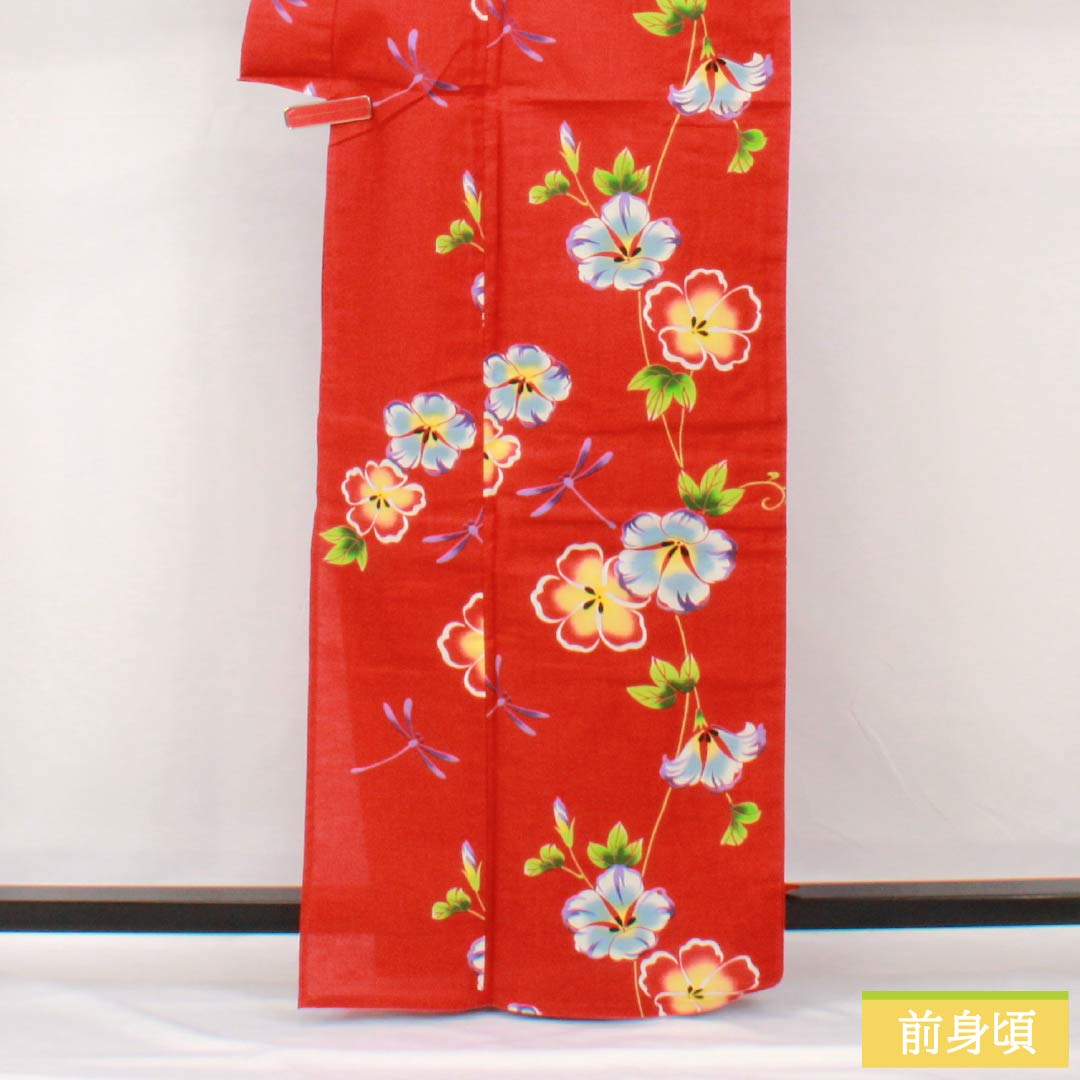 浴衣 木綿 身丈164.5cm 裄丈67.5cm Sランク 単衣 赤系 辰砂色(しんしゃいろ) ハイビスカス トンボ 1118005402412
