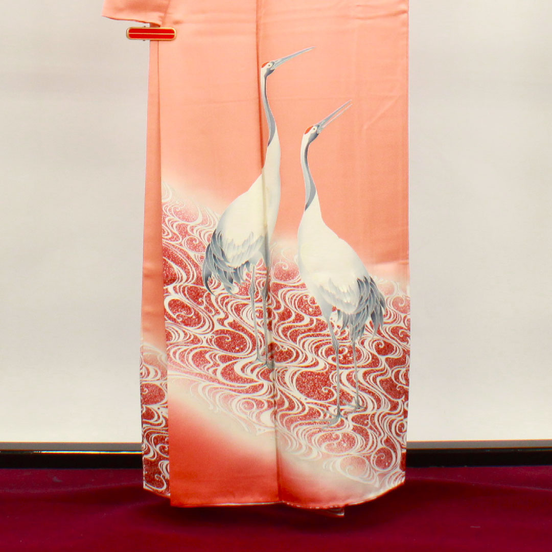 Colored Tomesode, Length 160.5cm, Sleeve Length 64cm, Lined, Coral Color, Kyo-Yuzen, Crane, Flowing Water, Three Fans, Pure Silk, S Rank, Three Crests, Orange, 1111001132426
