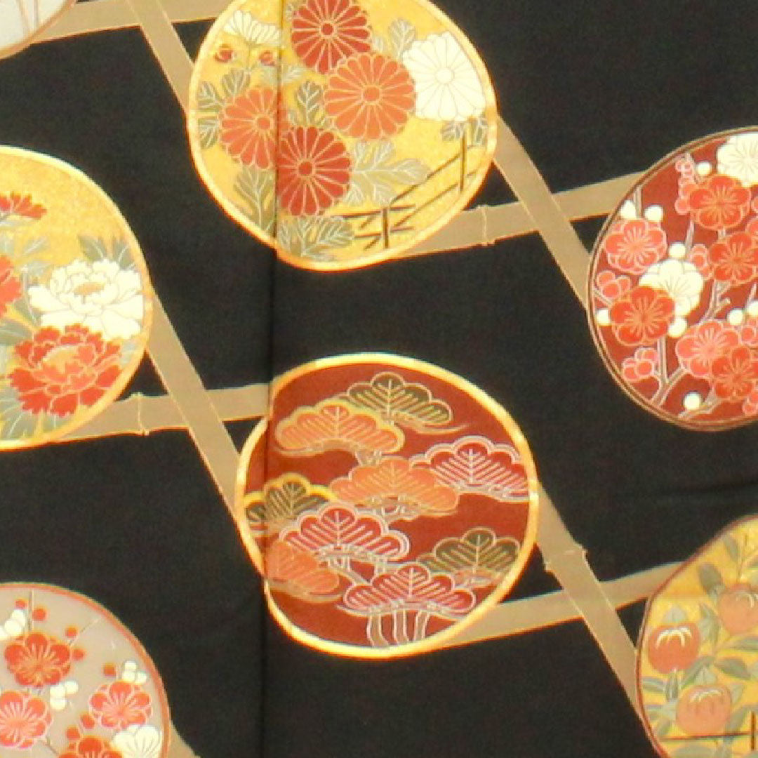 黒留袖 身丈156.5cm 裄丈61cm 袷 京友禅 松竹梅 木瓜 正絹 Sランク 五つ紋 黒系 1111000682310