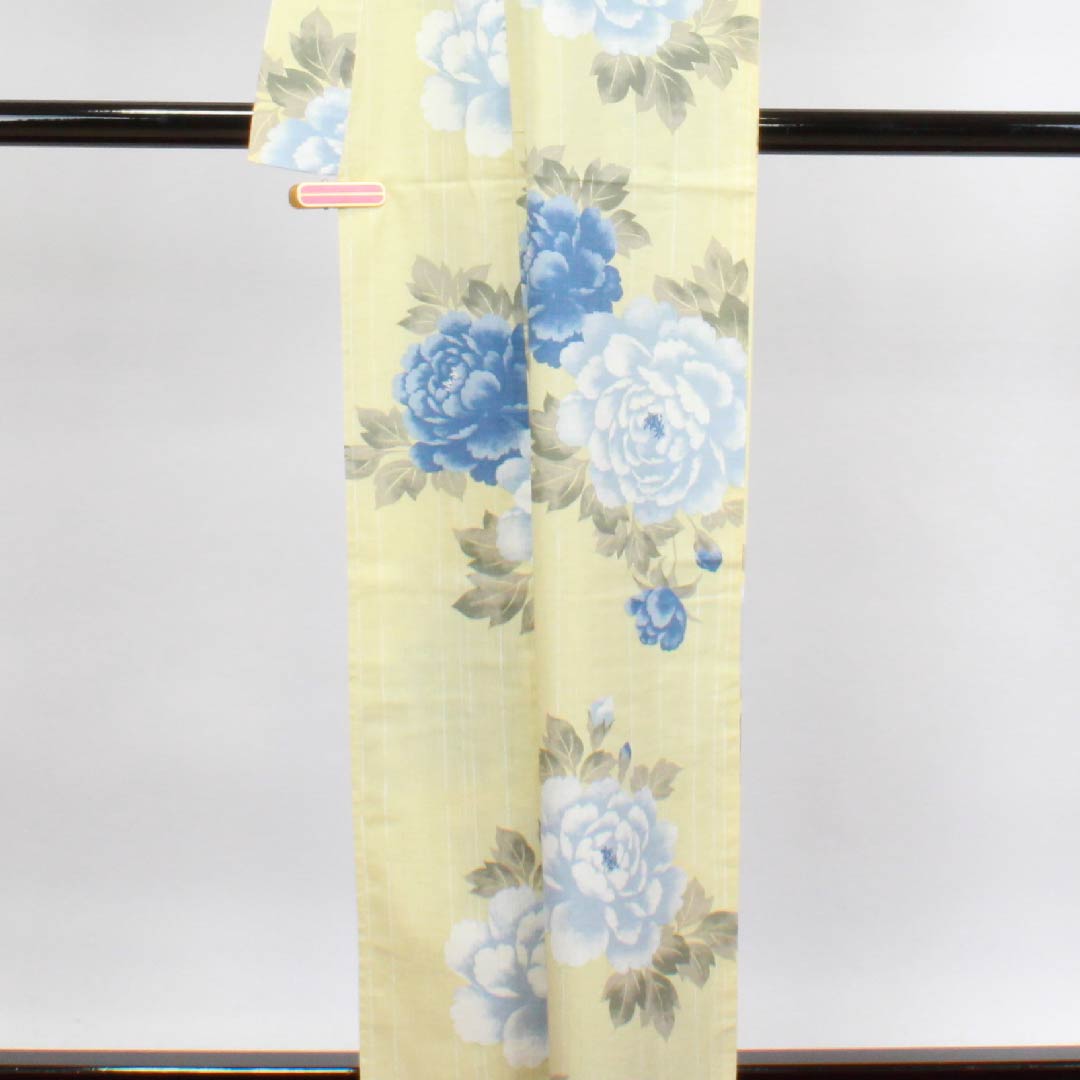 浴衣 薄黄蘗色 牡丹木綿 Sランク 単衣 身丈161.5cm 裄丈66cm 黄系 1118004442423