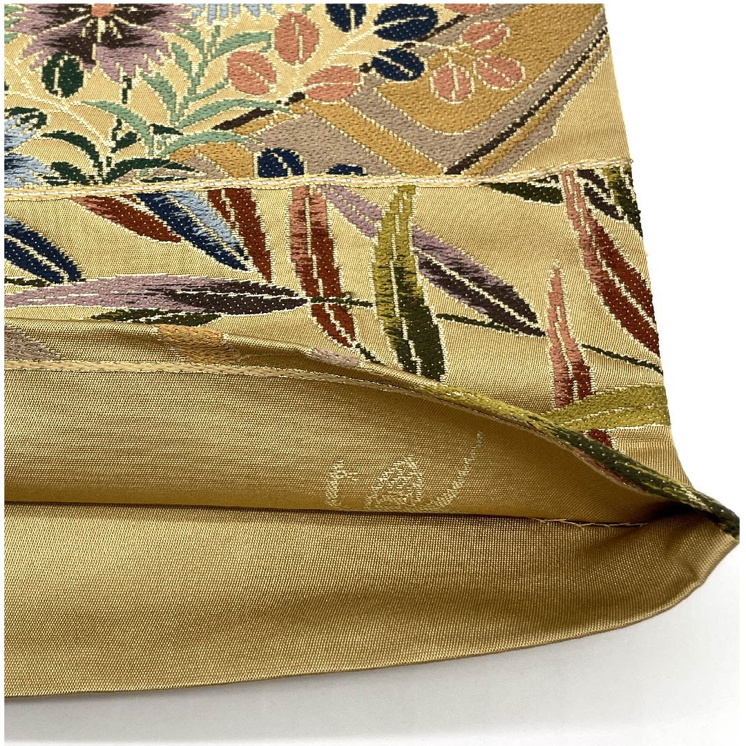 袋帯 山吹鼠色(やまぶきねずいろ) 白綾苑大庭 花柄 帯丈428cm 正絹 Sランク 六通 フォーマル 茶系 1123009472314