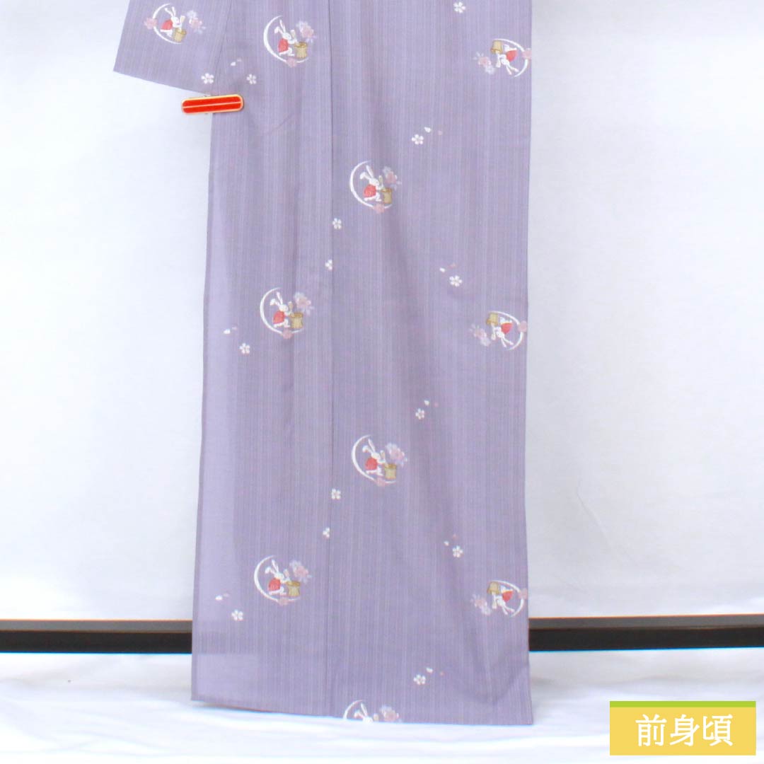 夏物 ポリエステル 小紋 身丈167cm 裄丈64.5cm 紅湊色(べにみなといろ) 月見うさぎ 洗える着物 紗 Sランク 紫系 1132002172520