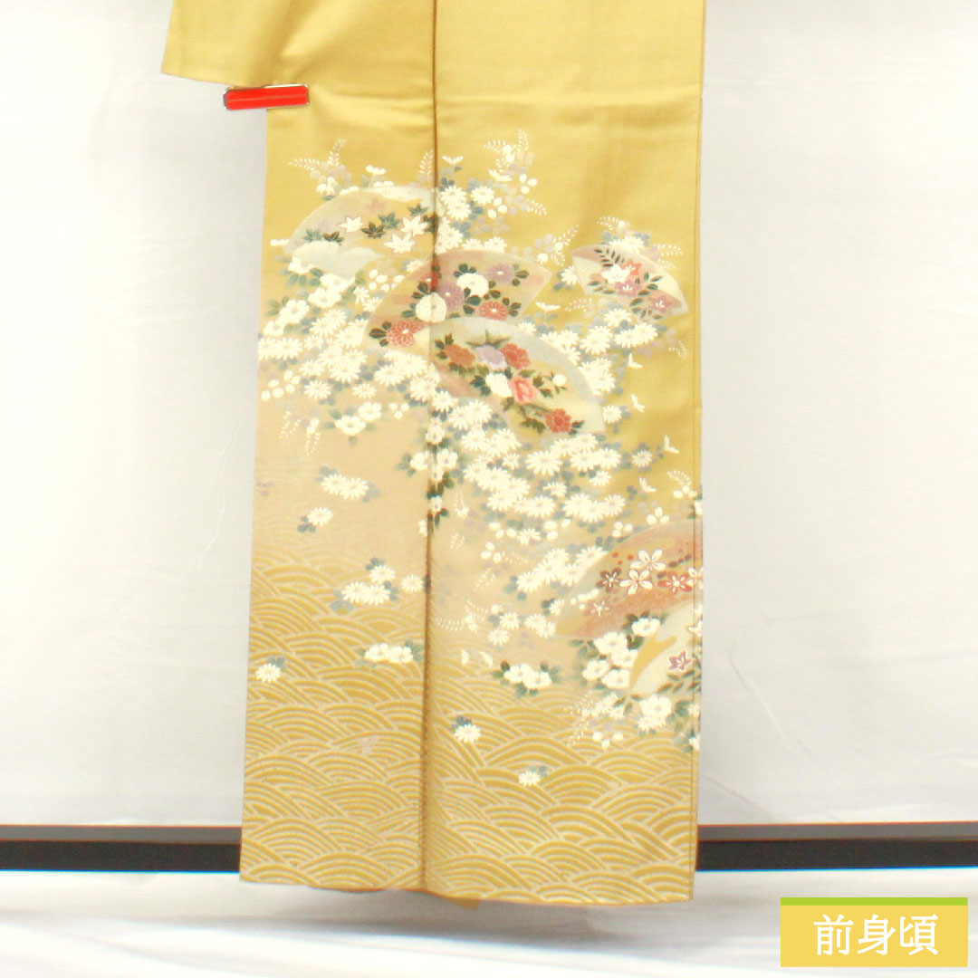 訪問着 正絹 袷 身丈156.5cm 裄丈63cm 窃黄色(せっこういろ) 京友禅 桜 菊 萩 Aランク 黄系 1112005243323