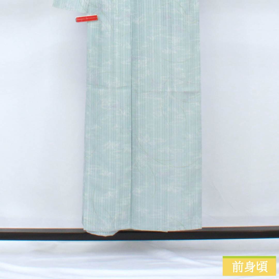 夏物 ポリエステル 小紋 身丈153cm 裄丈62.5cm 瓶覗色(かめのぞきいろ) 流水 秋草 洗える着物 紗 Aランク 水色系 1132002313224