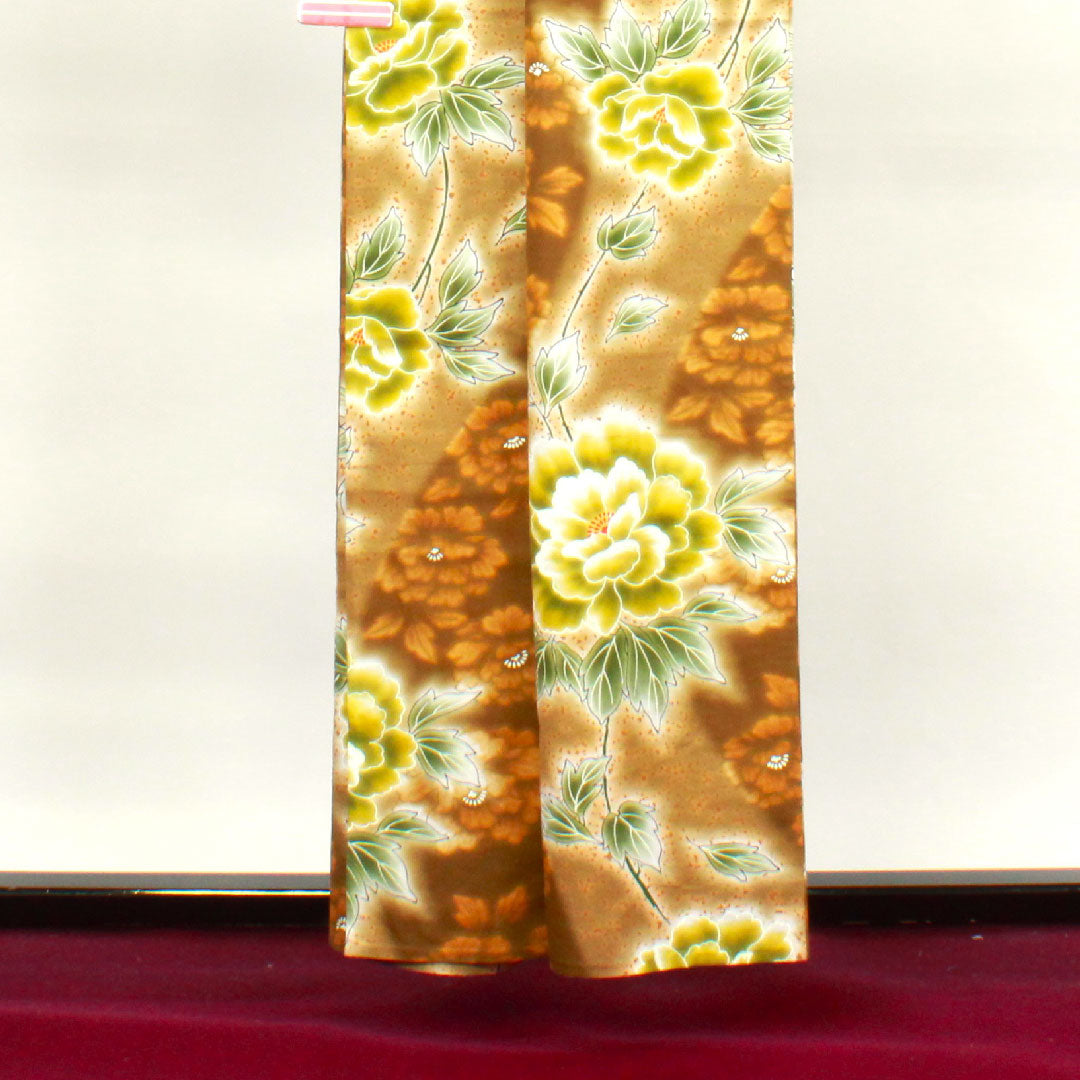 浴衣 しつけ糸付き 未使用品 団栗色 牡丹 木綿 Sランク 単衣 身丈158.5cm 裄丈63.5cm 茶系 1118002702314