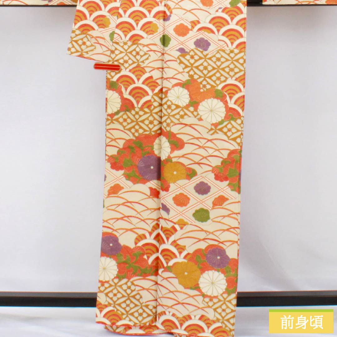 Visiting Kimono, Pure Silk, A-Rank, Lined, Length 164cm, Sleeve Length 62cm, Red-Orange, Kyoto Yuzen, Auspicious Design, Chrysanthemum, Seigaiha, Orange, Item Number 1112006593426