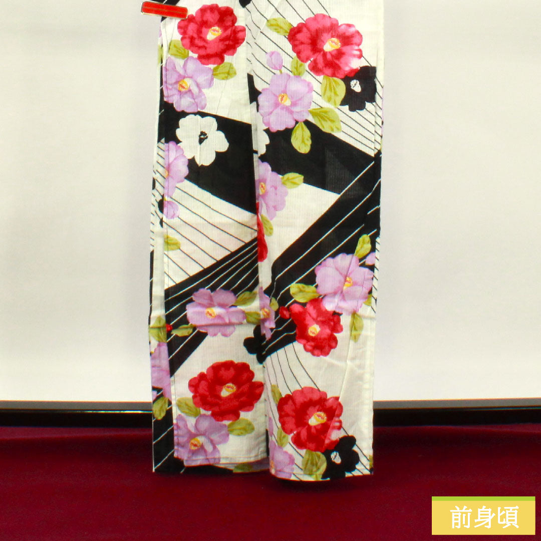 浴衣 木綿 身丈163.5cm 裄丈64cm Sランク 単衣 モノトーン 椿 1118005092427