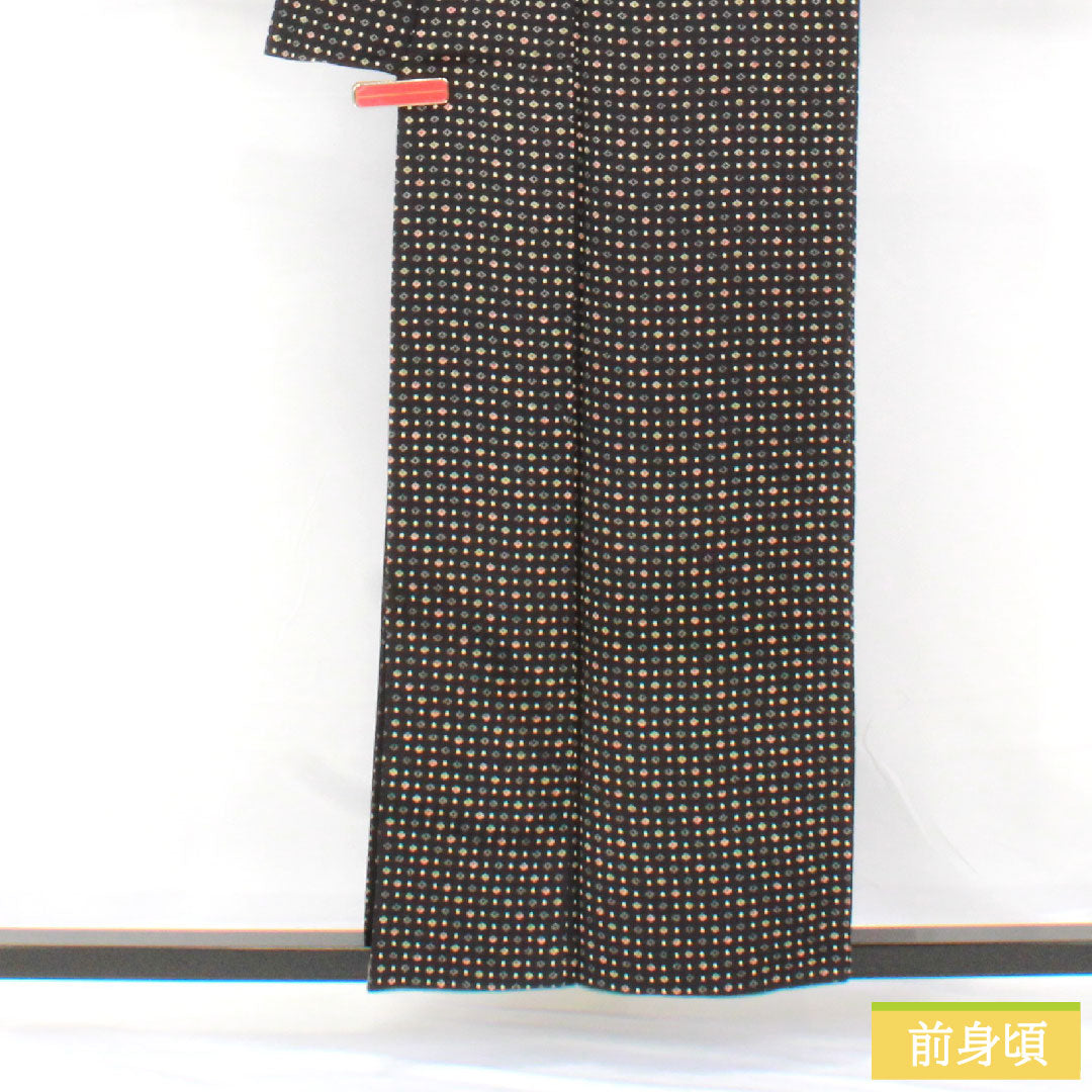 小紋 正絹 身丈156.5cm 裄丈64cm 袷 抽象模様 Aランク 黒系 1115004883310