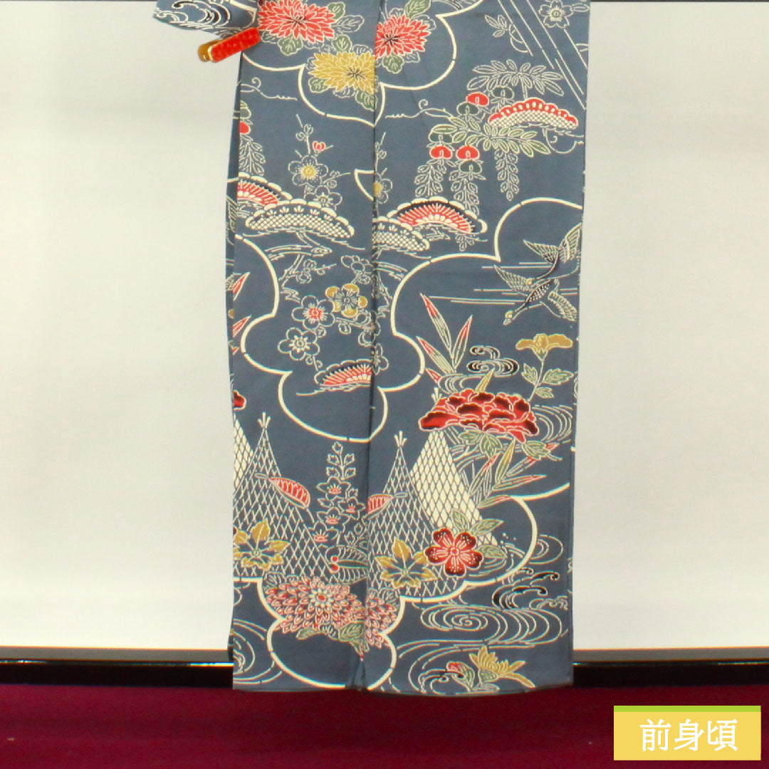 訪問着 正絹 袷 身丈157.5cm 裄丈64cm 湊鼠色(みなとねずいろ) 京紅型 網干 草花模様 Aランク 青系 1112004883317