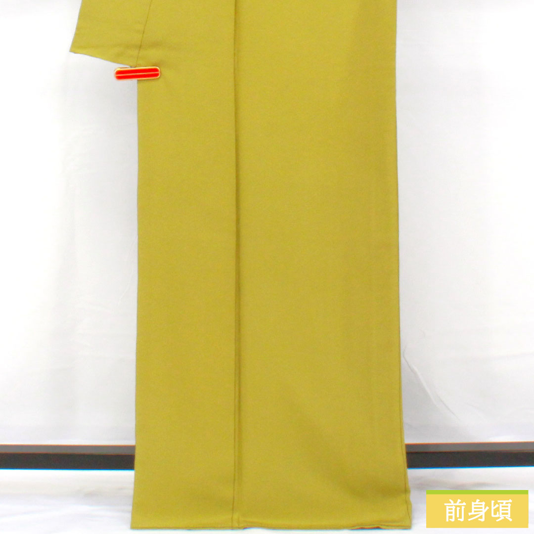 色無地 正絹 身丈167.5cm 裄丈70cm 青朽葉色(あおくちばいろ)素無地 一つ紋 鐶木瓜に花角 袷 Aランク 緑系 1114001973519