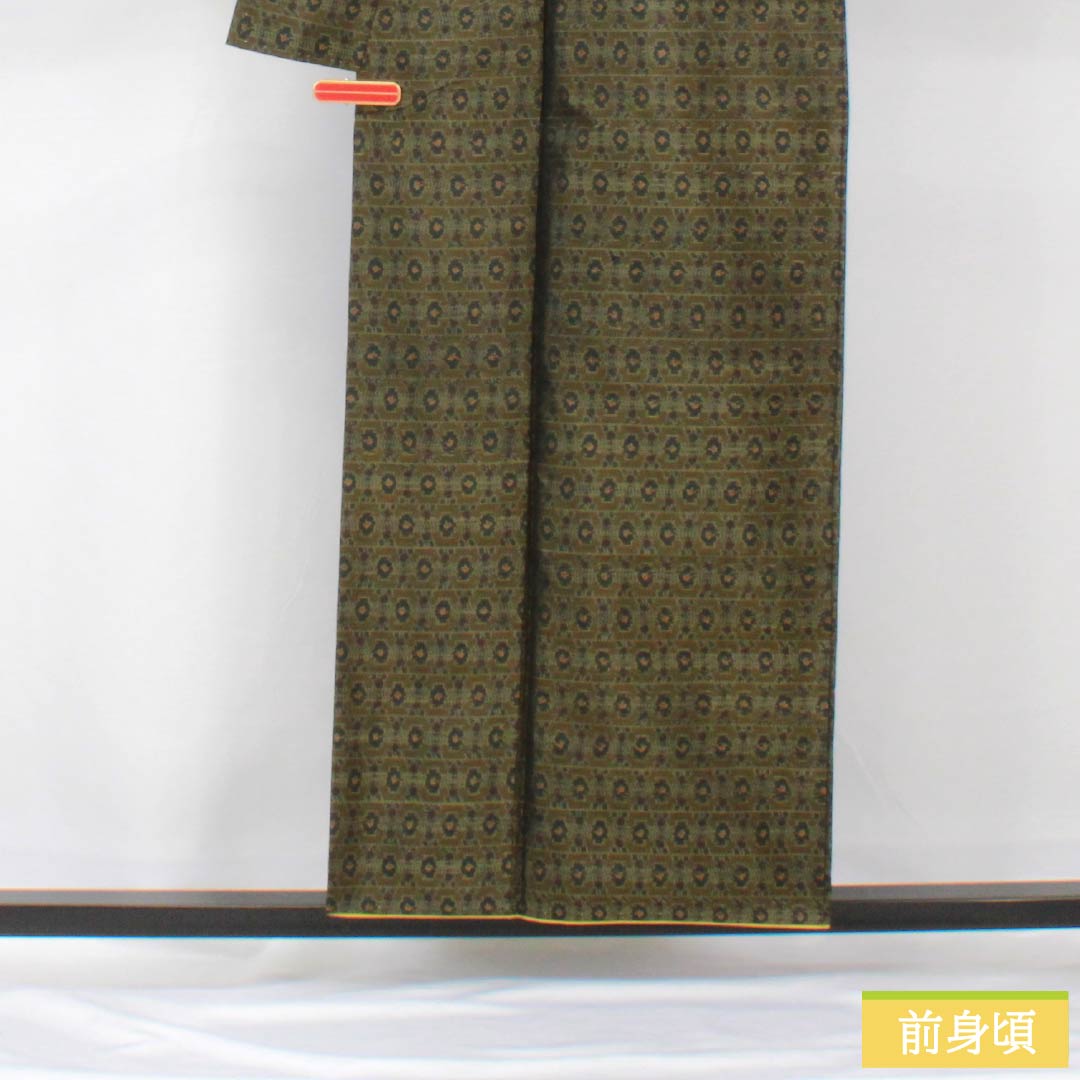 Silk Tsumugi Kimono, Length 157.5cm, Sleeve Length 64.5cm, Olive Green, Abstract Pattern, A-Rank, Lined, Green, Item Number 1116003873319