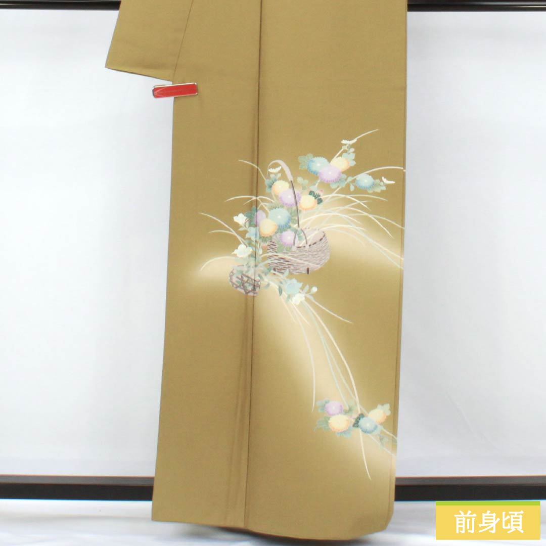 Visiting Kimono, Pure Silk, B-Rank, Lined, Length 160.5cm, Sleeve Length 67cm, Mulberry Dyed, Kyoto Yuzen, Flower Basket, Yellow, Product Number: 1112007124423