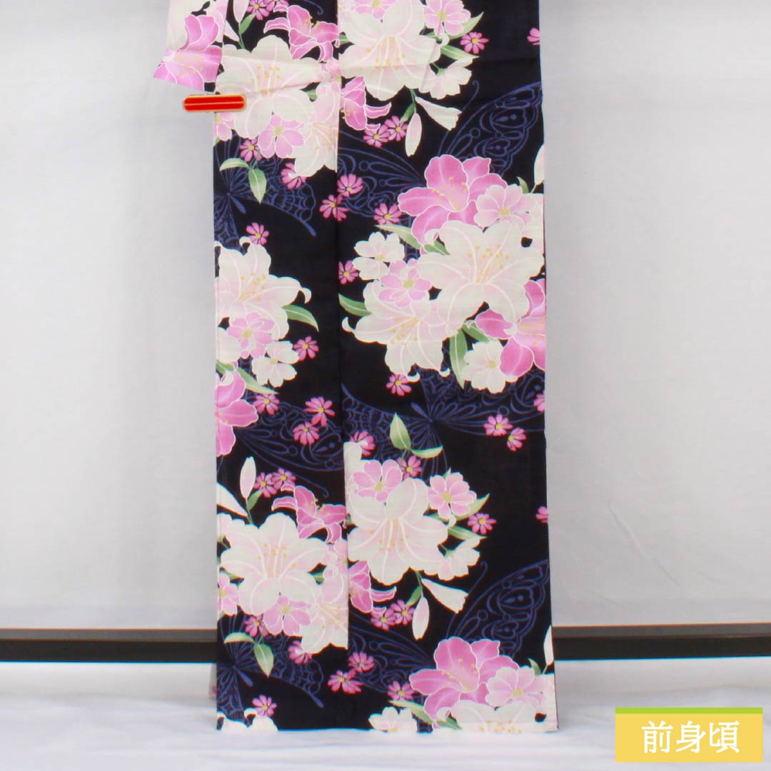 浴衣 木綿 身丈166.5cm 裄丈65.5cm NEWランク 単衣 紺系 濃紺色(のうこんいろ) 新品未使用品 作り帯付き 蝶 1118005571518