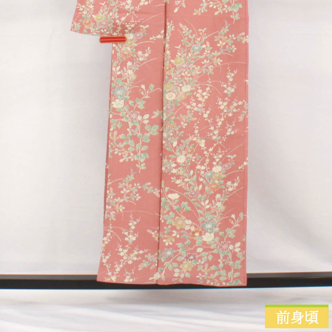 小紋 正絹 身丈156cm 裄丈62.5cm 袷 浅蘇芳色(あさきすおういろ) 草花模様 Aランク ピンク系 1115005083313