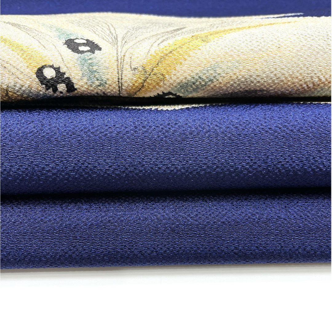 名古屋帯 松皮菱 花模様 染帯 縮緬帯丈380.5cm 正絹 Aランク ポイント柄 カジュアル 紺系 1124001583318 名古屋仕立て