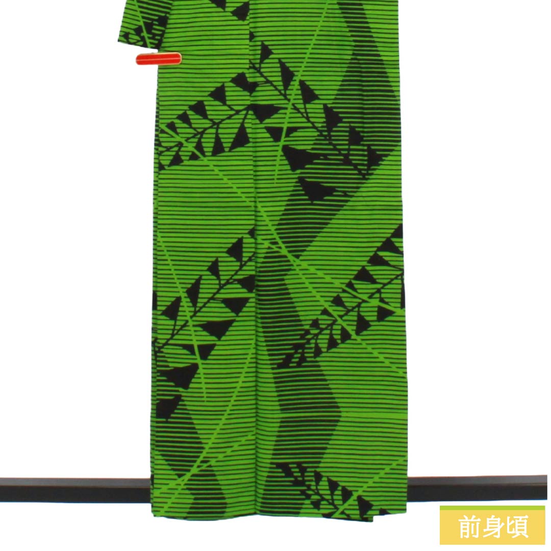 浴衣 木綿 Aランク 身丈158cm 裄丈66.5cm 常盤色(ときわいろ) 抽象模様 型染 単衣 緑系 1118006863319