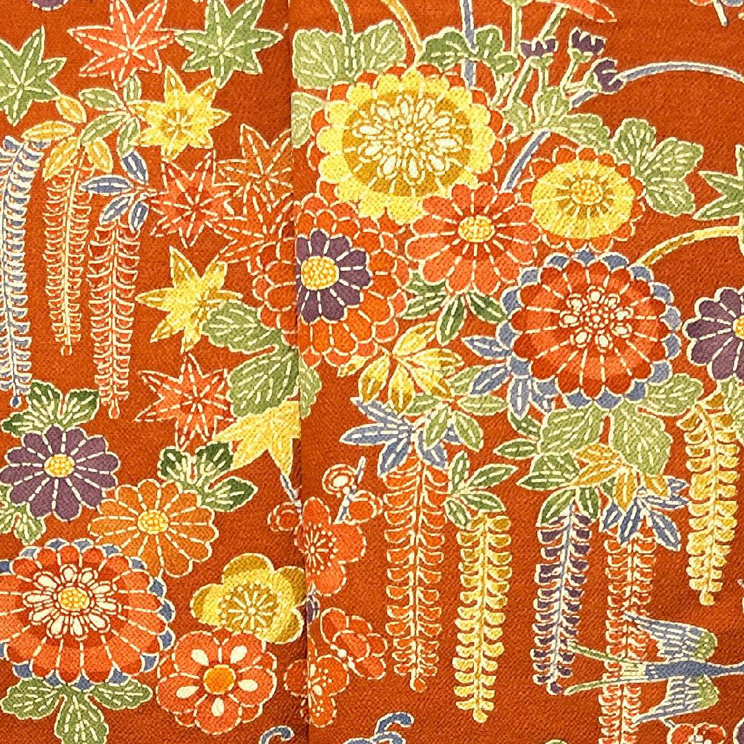 小紋 身丈154cm 裄丈61cm 袷 猩々茶色 型染 菊 梅 草花模様 正絹 Sランク 茶系 1115002652214
