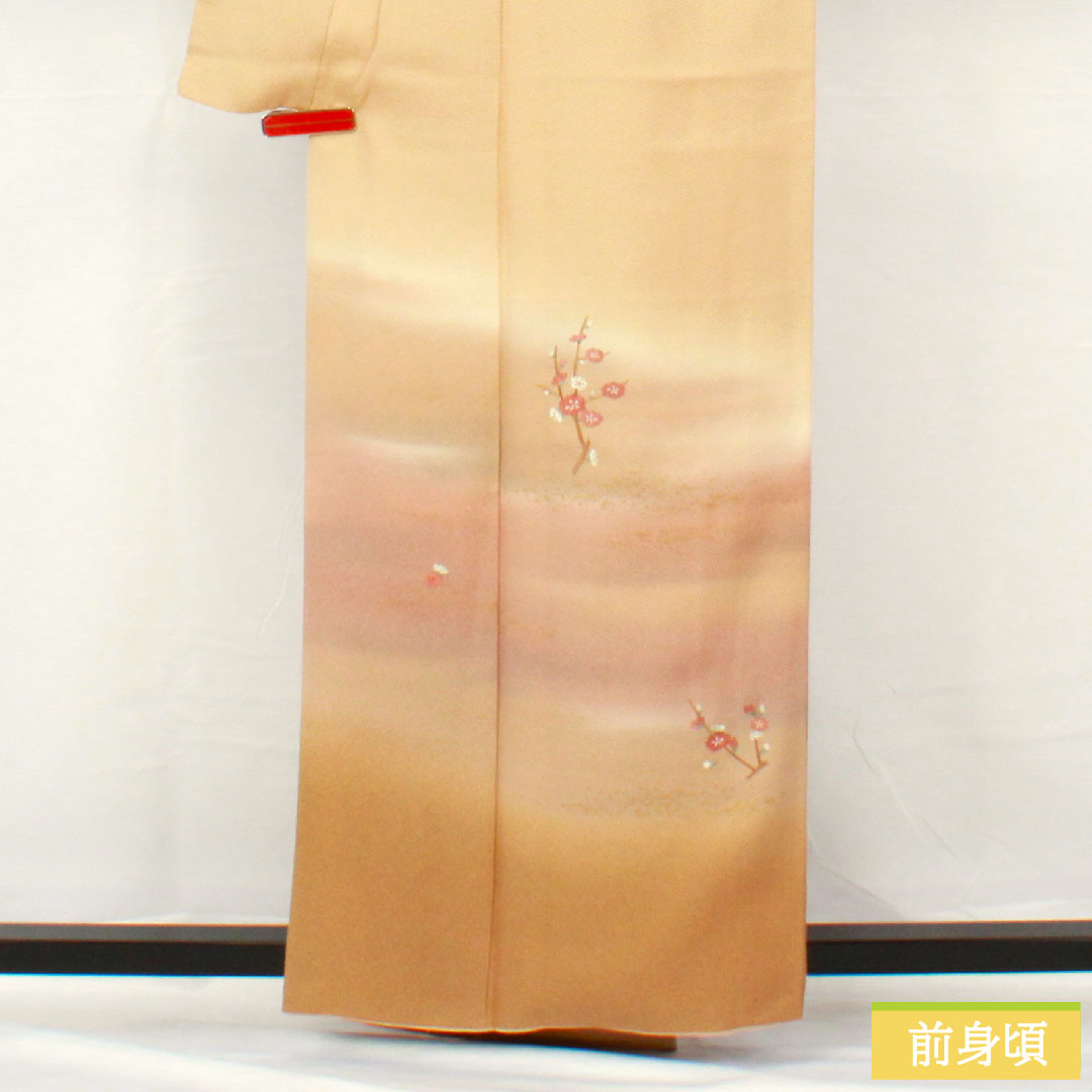 訪問着 正絹 袷 身丈162.5cm 裄丈64cm 麴色(こうじいろ) 京友禅 付下げ 梅 Sランク ベージュ系 1112005292425