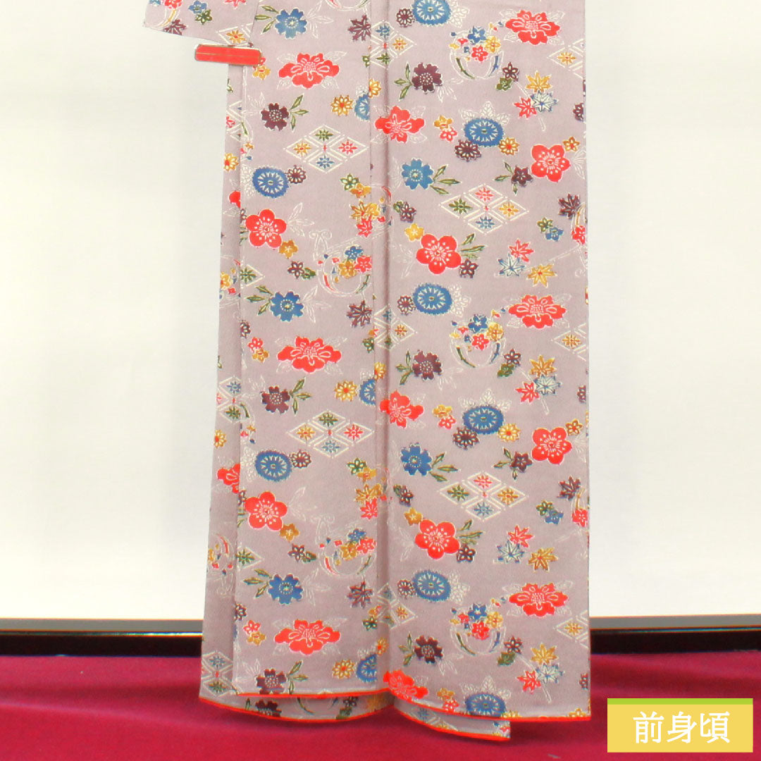 小紋 正絹 身丈163.5cm 裄丈64cm 袷 葡萄色(えびいろ) 型染 吉祥文様 しつけ糸付き Sランク 紫系 1115004482420