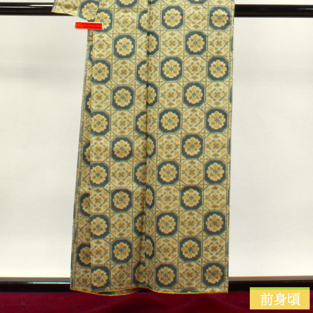 Murayama Oshima Tsumugi, pure silk, length 156cm, sleeve length 64cm, soba-kiri color, abstract pattern, basting thread included, unused, S rank, lined, beige, 1116002892325