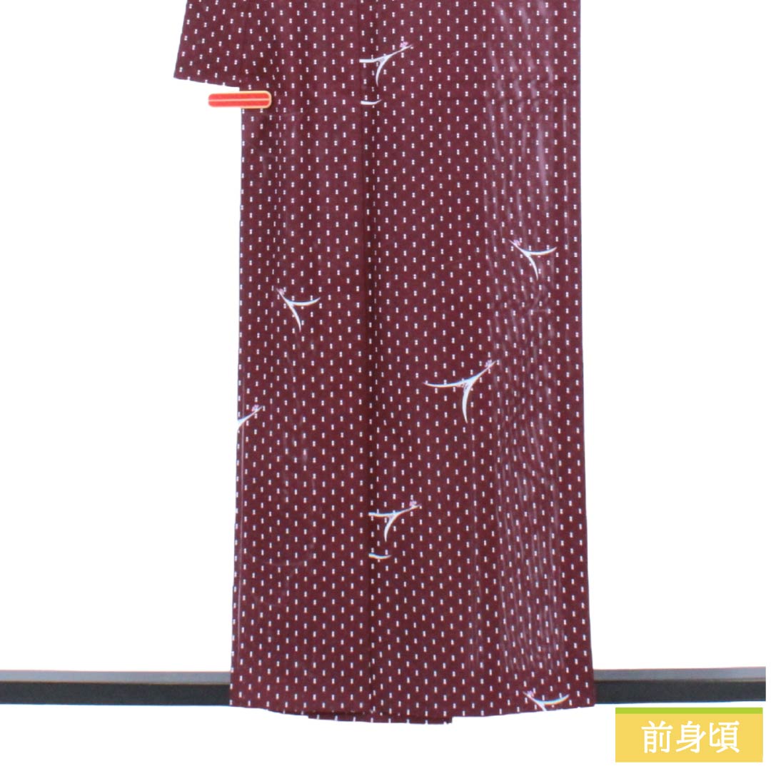 夏物 ポリエステル 小紋 Sランク 身丈157cm 裄丈68.5cm 桑の実色(くわのみいろ) 抽象模様 絽 紫系 1132004592320