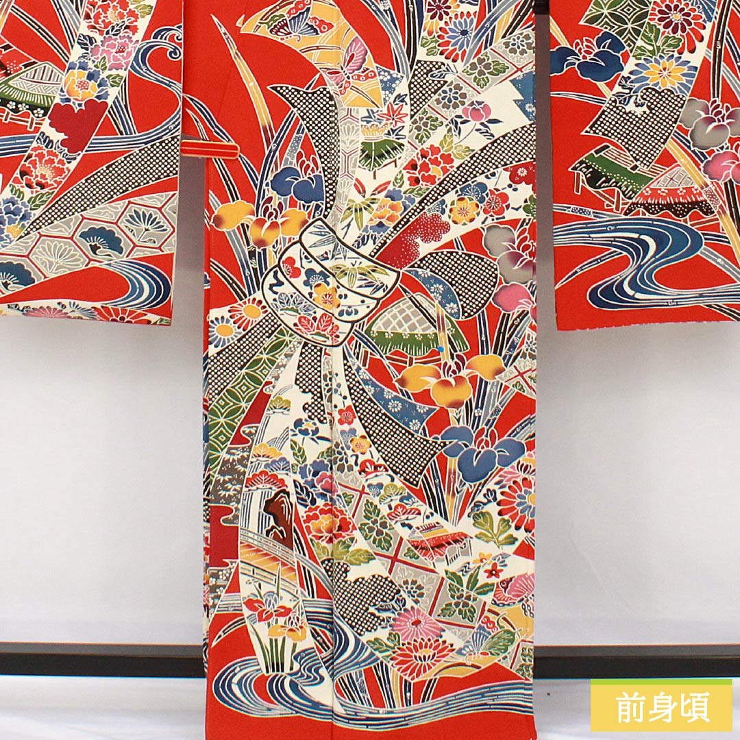 振袖 正絹 Sランク 身丈166cm 裄丈67cm 袷 赤色(あかいろ) 京紅型 束ね熨斗 ちりめん地 赤系 1113002412512